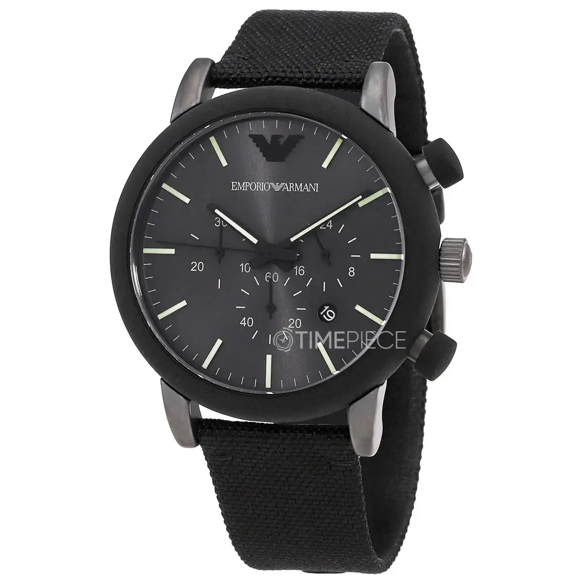 Emporio Armani Luigi AR11409 quartz chronograph watch with black dial, 46mm black ion-plated case, and black nylon strap