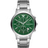 Emporio Armani Renato AR11507 quartz chronograph watch with green sunray dial and stainless steel bracelet on white background