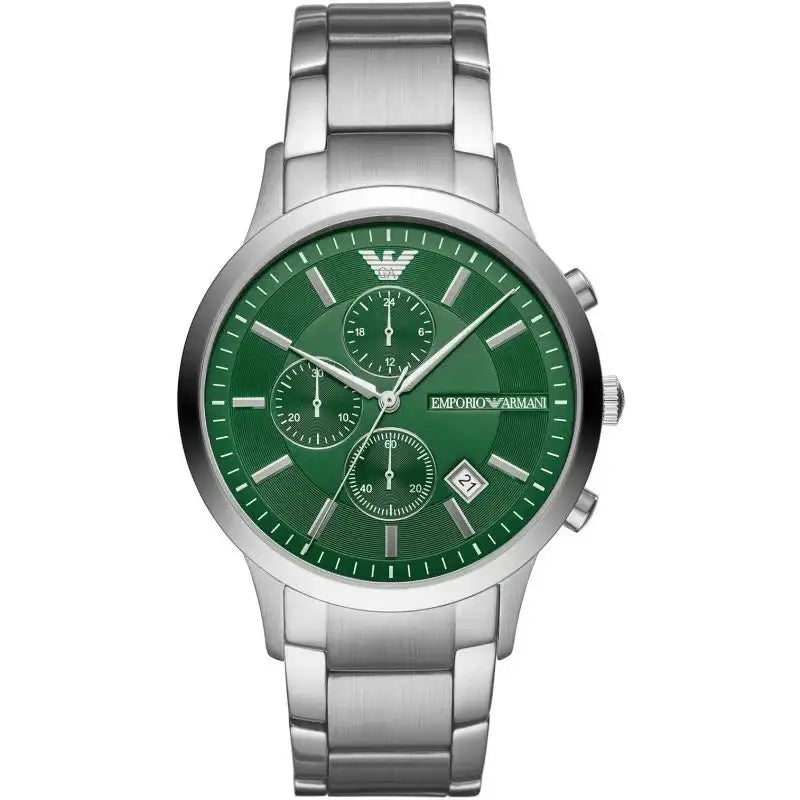 Emporio Armani Renato AR11507 quartz chronograph watch with green sunray dial and stainless steel bracelet on white background
