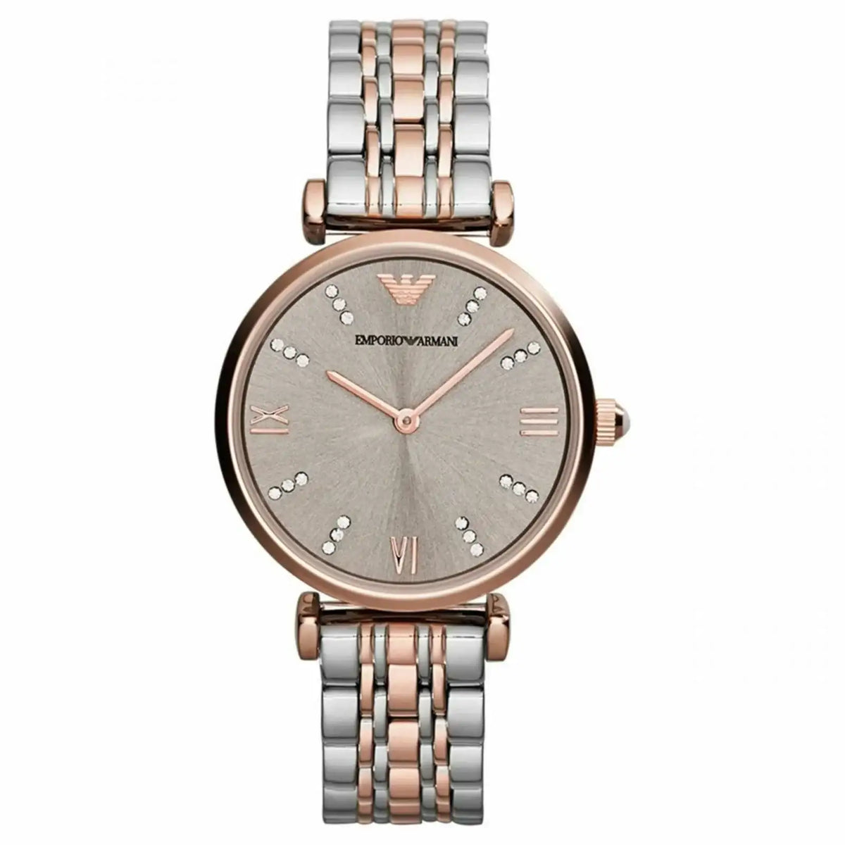Emporio Armani Gianni T-Bar AR1840 ladies quartz watch with grey sunray dial, crystal-set indices, and two-tone rose gold and stainless steel bracelet
