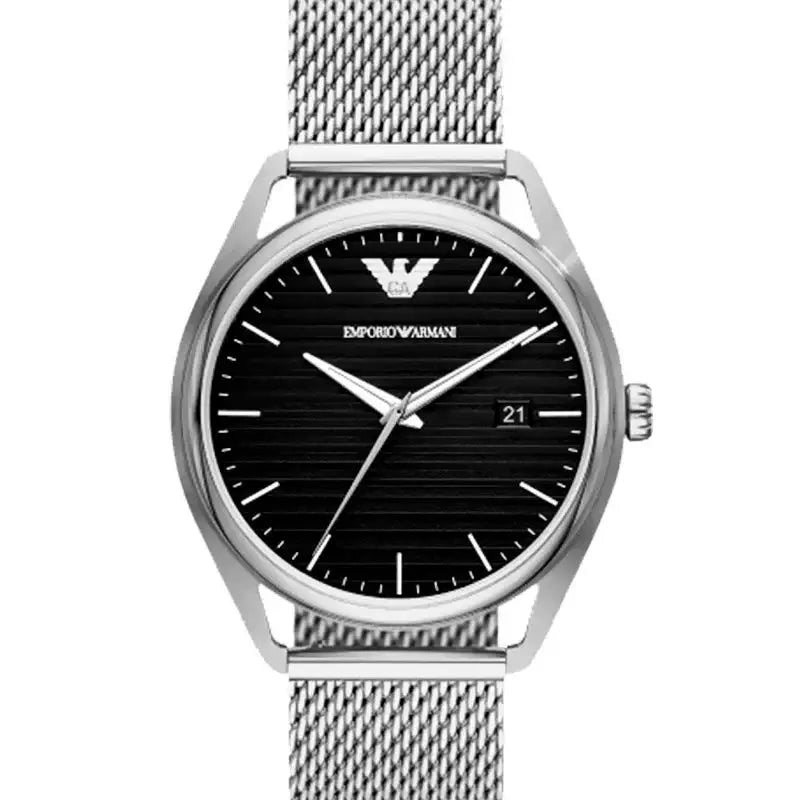 Emporio Armani Matteo AR80055 quartz watch with black guilloché dial and stainless steel mesh bracelet