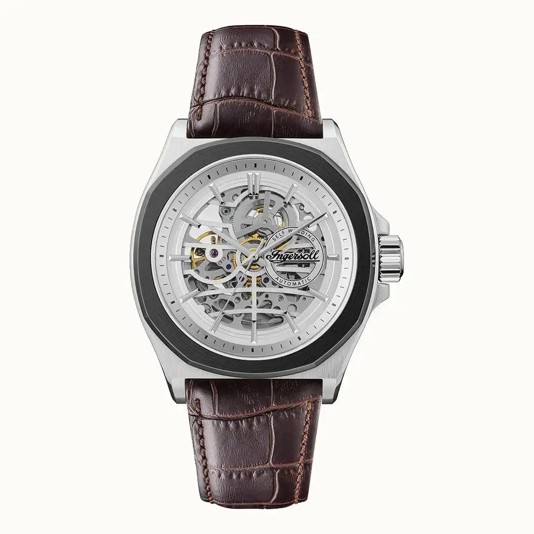 Ingersoll The Orville I09307 automatic skeleton watch with silver dial, black ceramic bezel, stainless steel case and brown crocodile leather strap