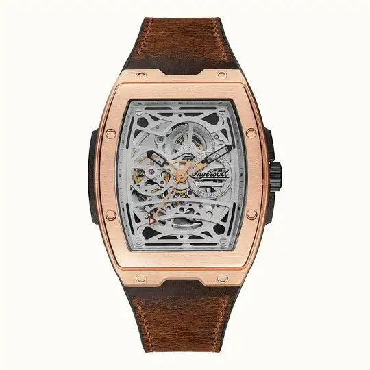 Ingersoll The Challenger I12303 rose gold skeleton automatic watch with brown leather strap and tonneau case