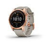 Garmin Fenix 7S-Solar Edition Rose Gold with Light Sand Band.