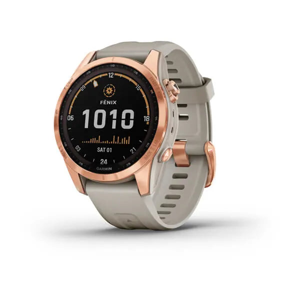 Garmin Fenix 7S-Solar Edition Rose Gold with Light Sand Band.
