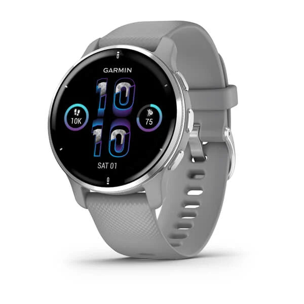 Garmin Venu 2 Plus Silver Stainless Steel Bezel with Powder Grey Case and Silicone Band.