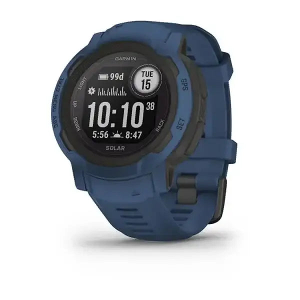 Garmin Instinct 2 Solar Tidal Blue GPS smartwatch with 45mm rugged case and blue silicone strap showing monochrome display