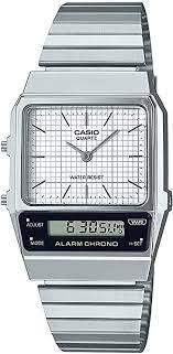 Casio Vintage AQ-800E-7A quartz ana-digi watch with silver grid dial, stainless steel case and integrated bracelet, dual time display