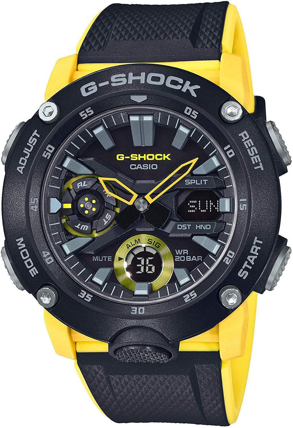 Casio G-Shock GA-2000-1A9DR Carbon Core Guard black and yellow resin watch with ana-digi display and 200m water resistance