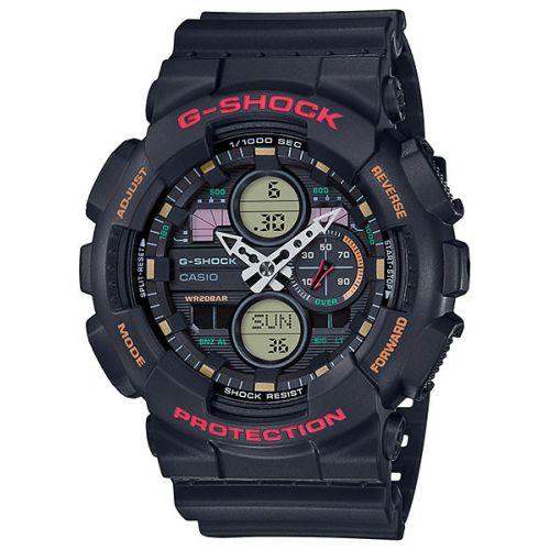 Casio G-Shock GA-140-1A4DR analog-digital quartz watch with black resin case and red accents on white background