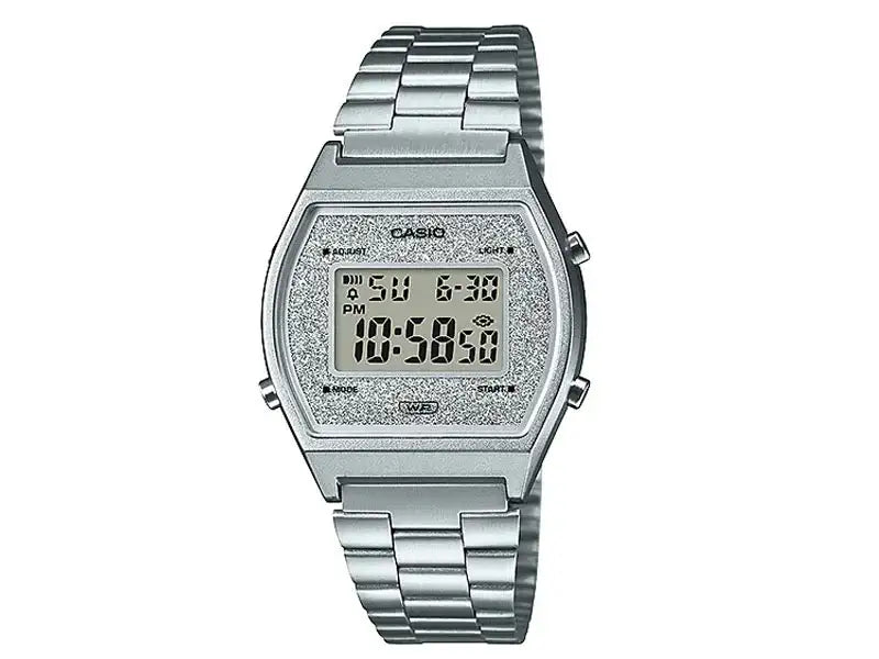 Casio B640WDG-7DF vintage digital watch with silver glitter dial and stainless steel bracelet on white background