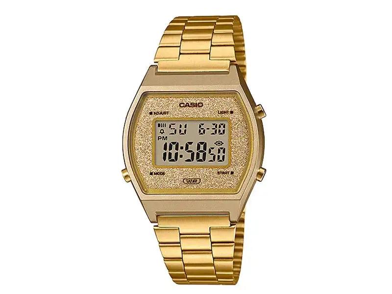 Casio Vintage B640WGG-9DF gold-tone stainless steel digital watch with glitter dial and integrated bracelet