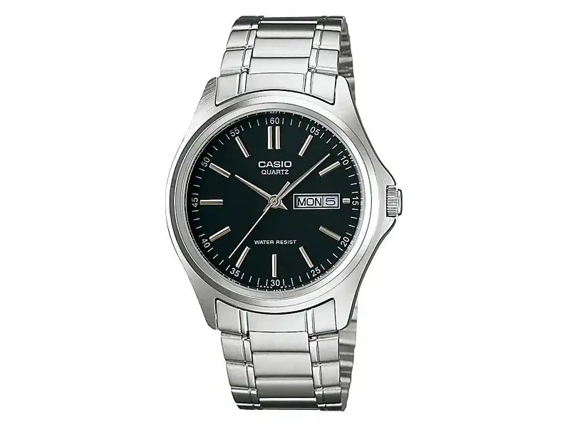 Casio MTP-1239D-1A men's quartz watch with black dial, day-date display, and polished stainless steel bracelet