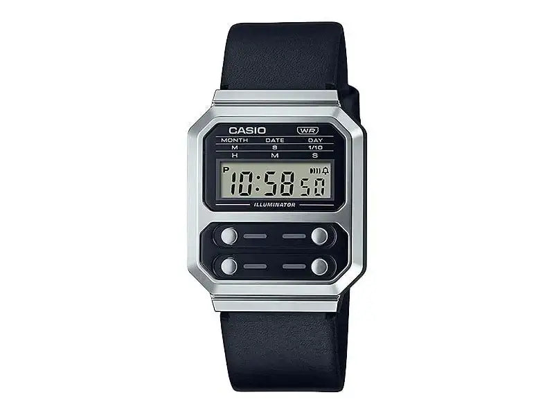 Casio A100WEL-1A vintage digital quartz watch with black leather strap and chrome-plated octagonal case on white background
