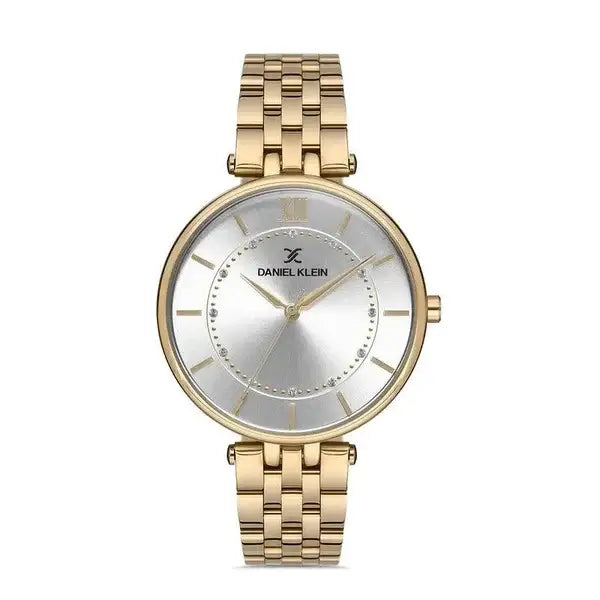 Daniel Klein Premium DK.1.14097-3 women's quartz watch with silver sunray dial and gold-tone stainless steel five-link bracelet
