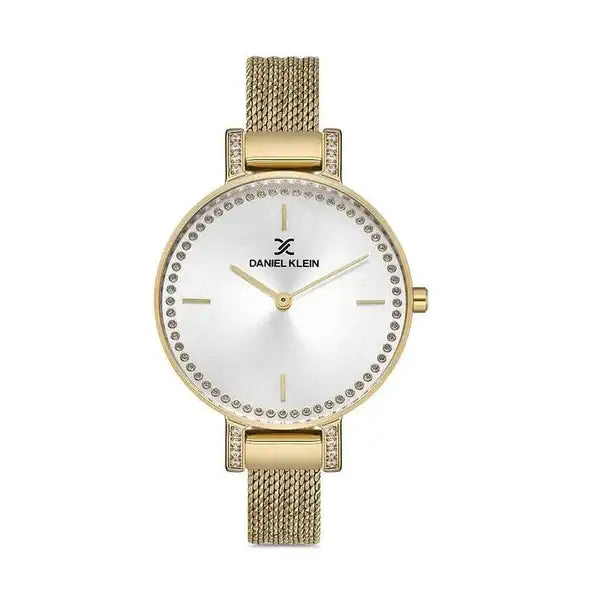 Daniel Klein Fiord DK112908-2 ladies quartz watch with silver sunray dial, crystal-set bezel, gold ion-plated case and mesh bracelet