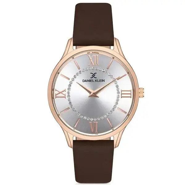 Daniel Klein Premium DK112966-3 ladies watch with silver crystal accent dial, rose gold plated case, and brown leather strap
