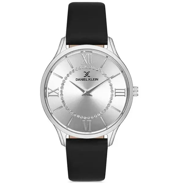Daniel Klein DK112966-1 silver dial ladies watch with crystal accents, Roman numerals, and black leather strap on white background