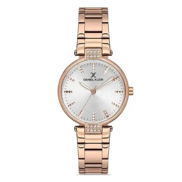 Daniel Klein Premium DK112921-3 ladies quartz watch with rose gold-tone stainless steel case and bracelet, silver sunburst dial, and crystal-accented lugs