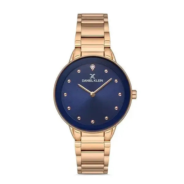 Daniel Klein Premium DK113165-4 women's quartz watch with blue dial, crystal markers, and rose gold IP stainless steel bracelet