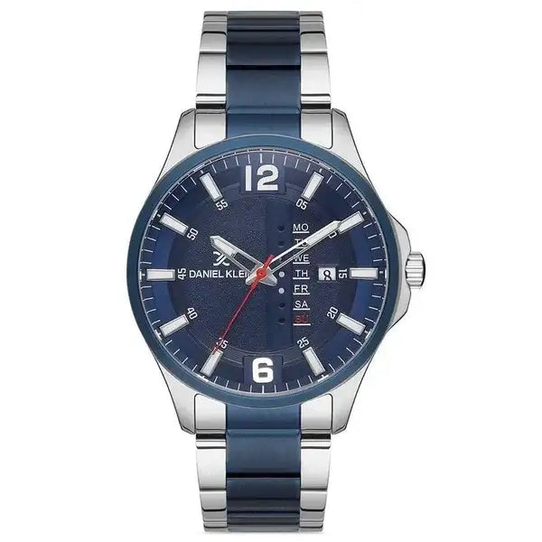 Daniel Klein Premium DK113026-3 quartz watch with blue sunburst dial, day-date display, and two-tone stainless steel bracelet