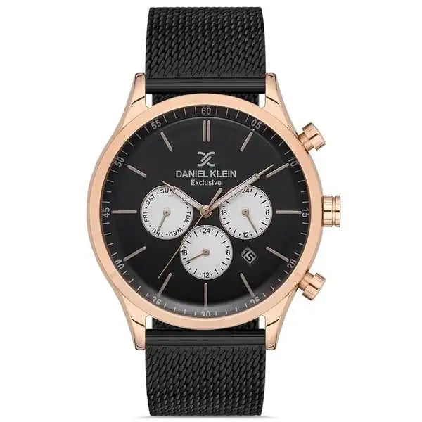 Daniel Klein Exclusive DK112859-5 multifunction quartz watch with 43mm rose gold-tone case, black dial with silver subdials, and black stainless steel mesh bracelet