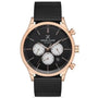 Daniel Klein Exclusive DK112859-5 multifunction quartz watch with 43mm rose gold-tone case, black dial with silver subdials, and black stainless steel mesh bracelet