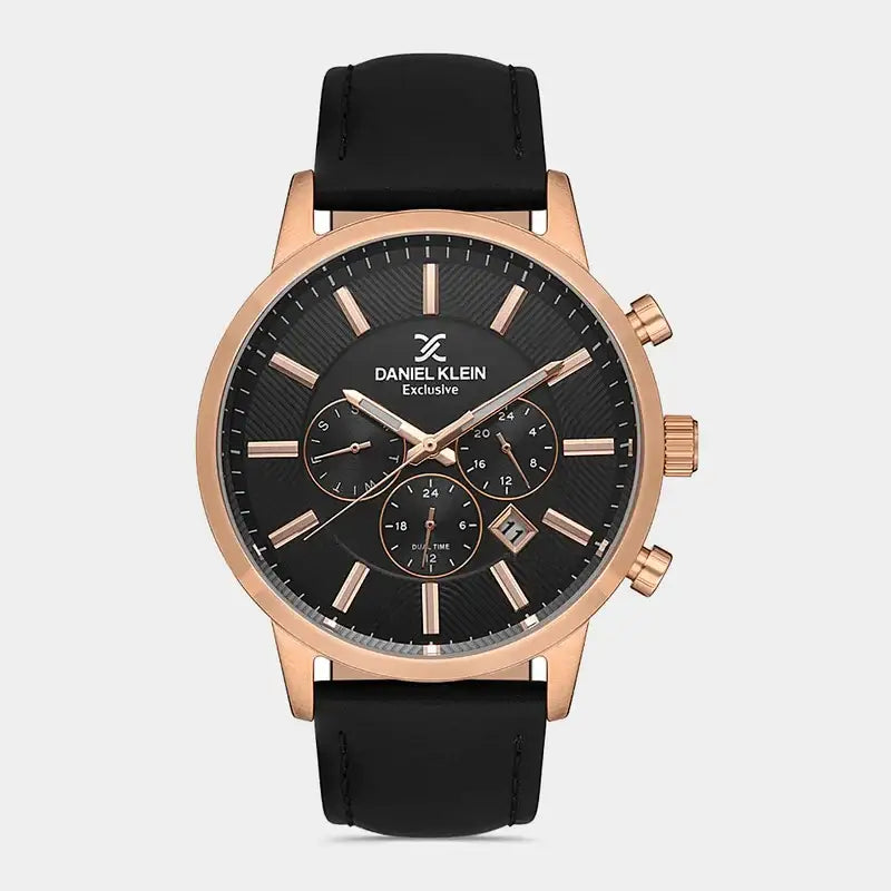 Daniel Klein Exclusive DK113114-2 men's chronograph watch with rose gold-tone case, textured black dial, and black leather strap