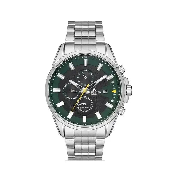 Daniel Klein Exclusive DK112959-5 quartz dual time watch with green and black dial on stainless steel bracelet