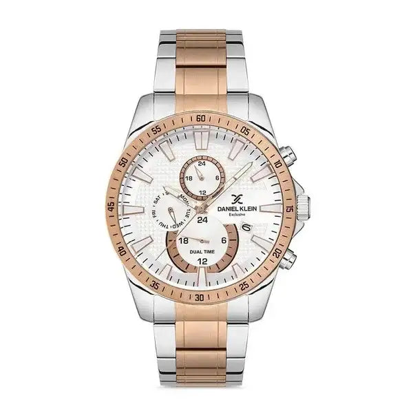 Daniel Klein Exclusive DK112995-3 Dual Time Watch with White Dial and Two-Tone Rose Gold Steel Bracelet