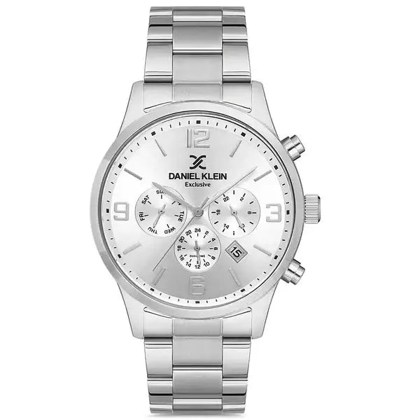 Daniel Klein Exclusive DK112969-1 quartz chronograph watch with silver sunray dial and stainless steel bracelet