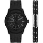 Diesel Armbar DZ1978 black quartz watch gift set with silicone strap and matching fabric bracelet on white background