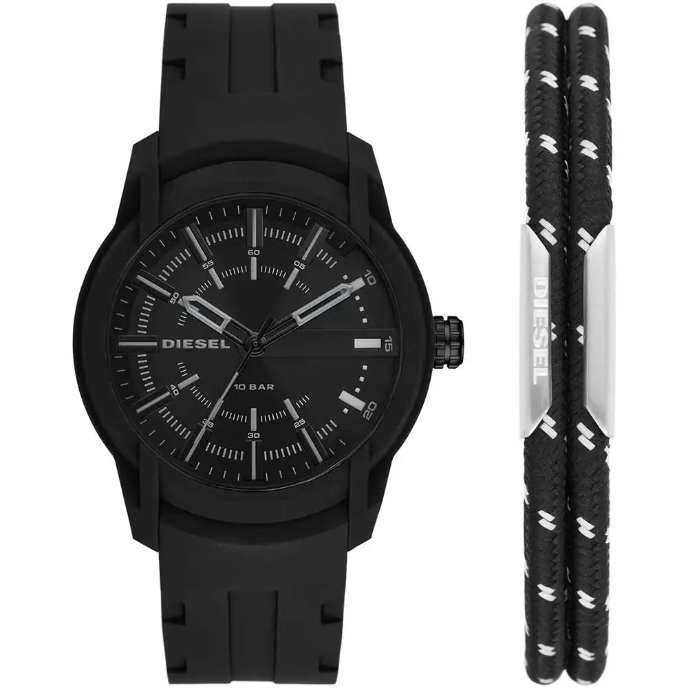 Diesel Armbar DZ1978 black quartz watch gift set with silicone strap and matching fabric bracelet on white background