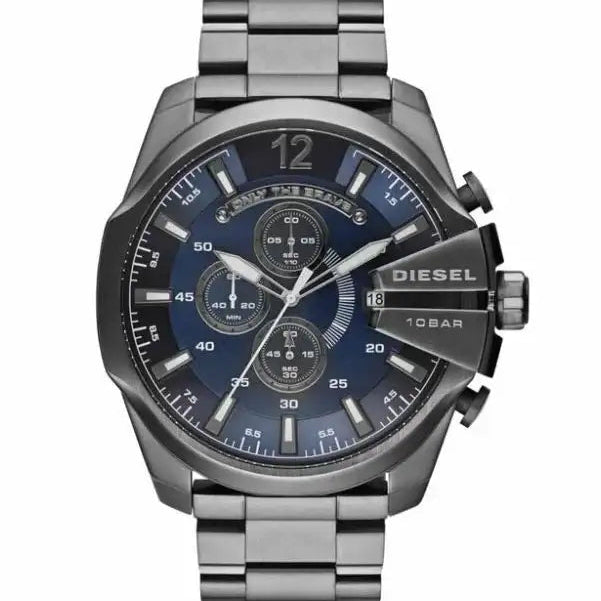 Diesel Mega Chief DZ4329 gunmetal stainless steel chronograph watch with blue dial and three-link bracelet