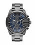 Diesel Mega Chief DZ4329 gunmetal stainless steel chronograph watch with blue dial and three-link bracelet
