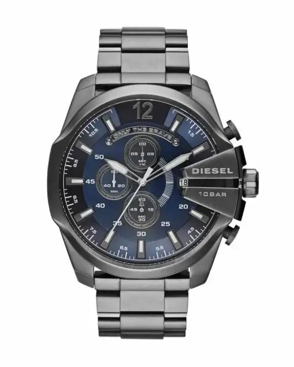 Diesel Mega Chief DZ4329 gunmetal stainless steel chronograph watch with blue dial and three-link bracelet