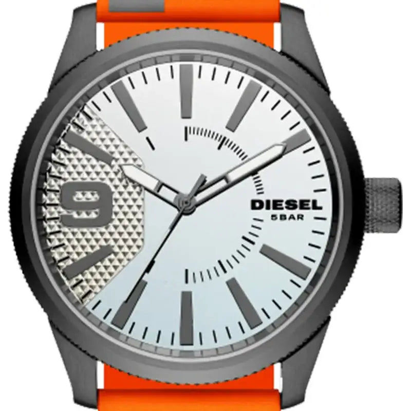 Diesel Rasp DZ1933 men's quartz watch with 46mm gunmetal stainless steel case, silver mirror dial, and orange nylon strap