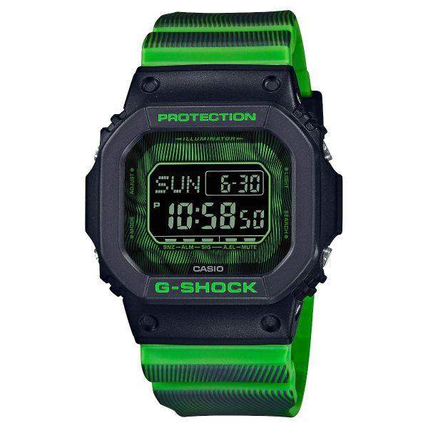 Casio G-Shock DW-D5600TD-3DR digital watch with green radial pattern dial and black resin case on green resin strap