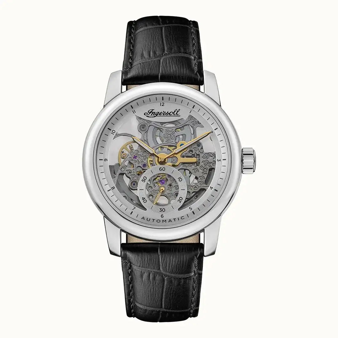 Ingersoll The Baldwin I11002 automatic skeleton dial watch with 43mm stainless steel case and black leather strap
