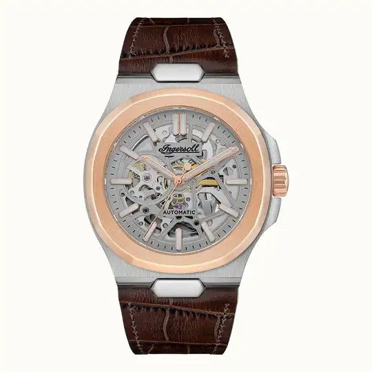 Ingersoll Catalina I12503 automatic skeleton dial watch with two-tone stainless steel case and brown leather strap