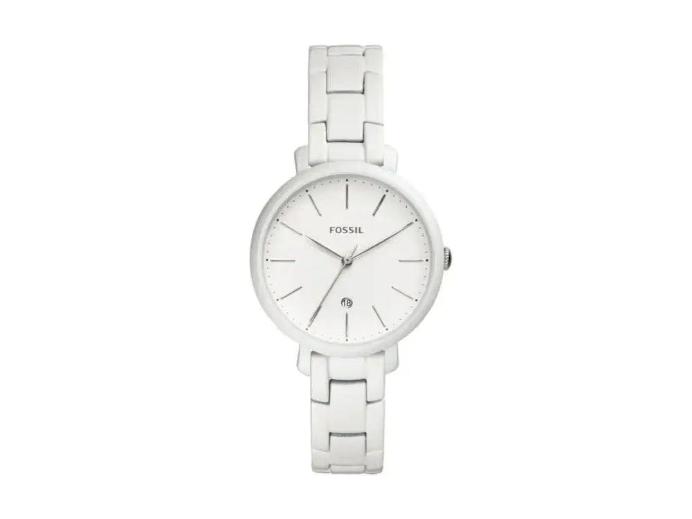 Fossil Jacqueline ES4397 white ceramic quartz watch with white dial and date function, 36mm case