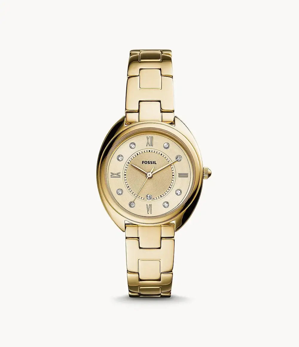 Fossil Gabby ES5071 ladies quartz watch with 34mm gold-tone stainless steel case, textured dial, Roman numerals, crystal indices, and integrated bracelet