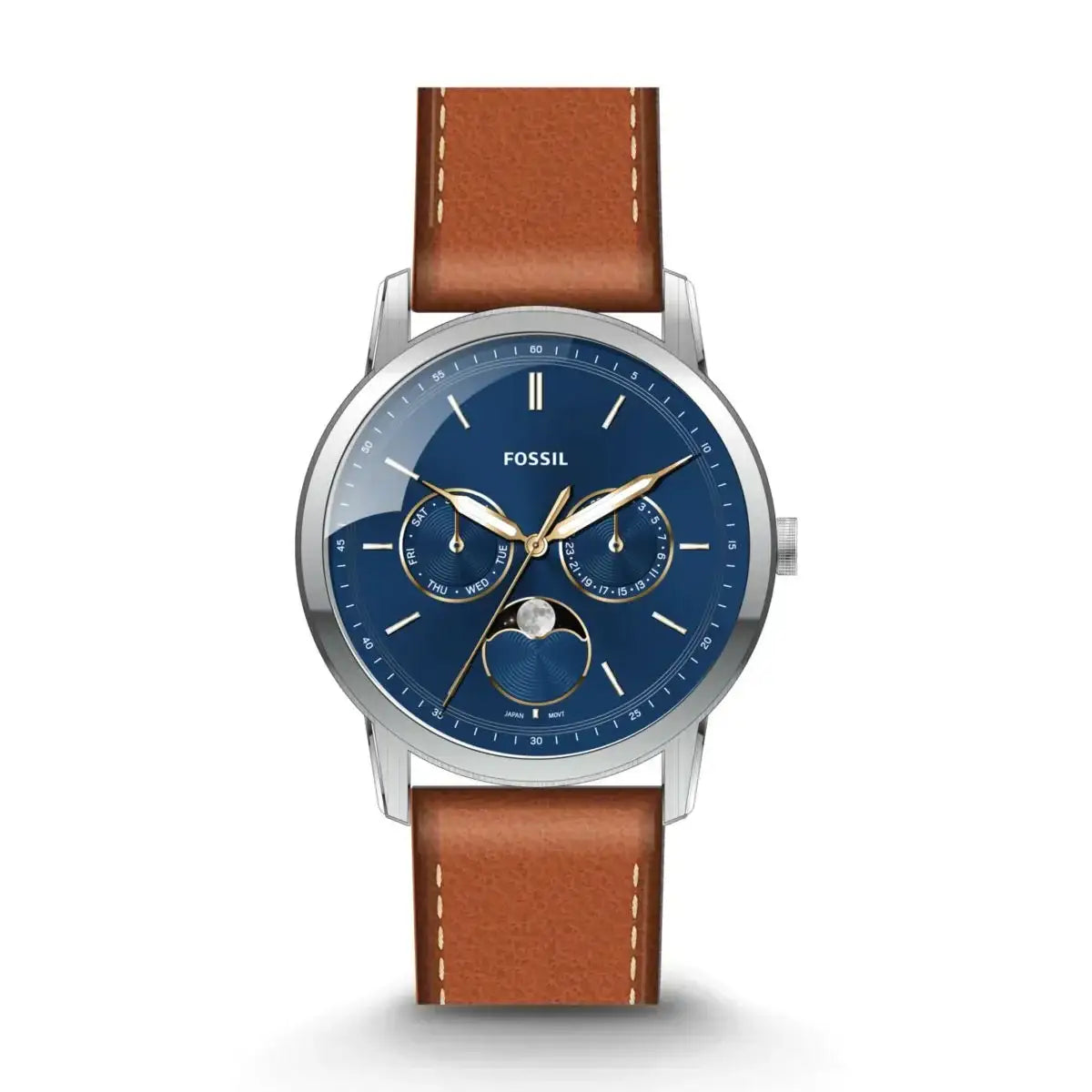 Fossil Neutra Moonphase FS5903 blue sunray dial quartz watch with brown leather strap, 42mm stainless steel case, multifunction day-date moonphase complications