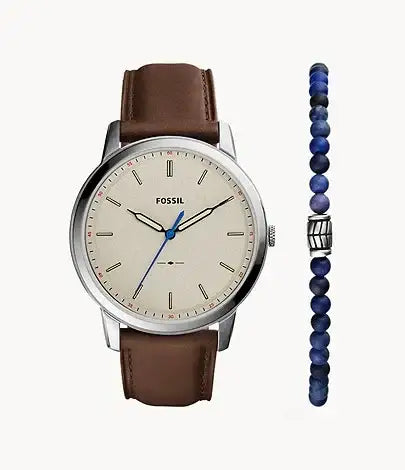 Fossil Minimalist FS5966SET quartz watch with grey sunray dial, brown leather strap, and blue sodalite beaded bracelet gift set