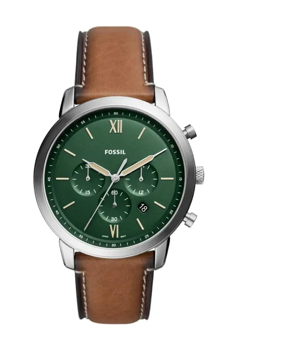 Fossil Neutra Chronograph FS5963 quartz watch with green matte dial, 44mm stainless steel case, and tan LiteHide leather strap with contrast stitching