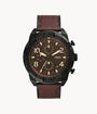 Fossil Bronson FS5875 chronograph watch with 50mm black PVD case, brown dial, and dark brown leather strap