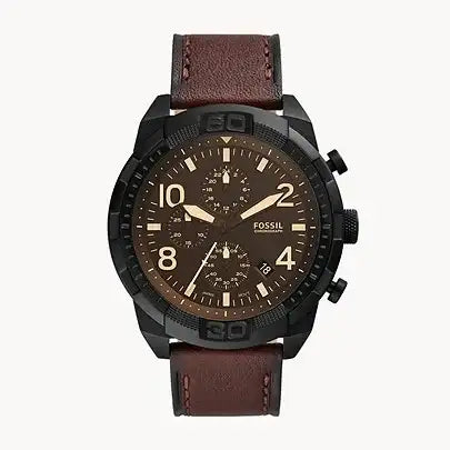 Fossil Bronson FS5875 chronograph watch with 50mm black PVD case, brown dial, and dark brown leather strap