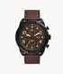 Fossil Bronson FS5875 chronograph watch with 50mm black PVD case, brown dial, and dark brown leather strap