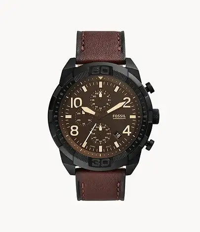 Fossil Bronson FS5875 chronograph watch with 50mm black PVD case, brown dial, and dark brown leather strap