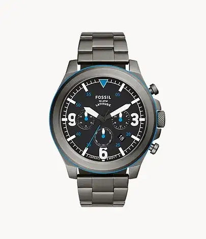 Fossil Latitude Chronograph FS5753 smoke steel watch with black dial and stainless steel bracelet